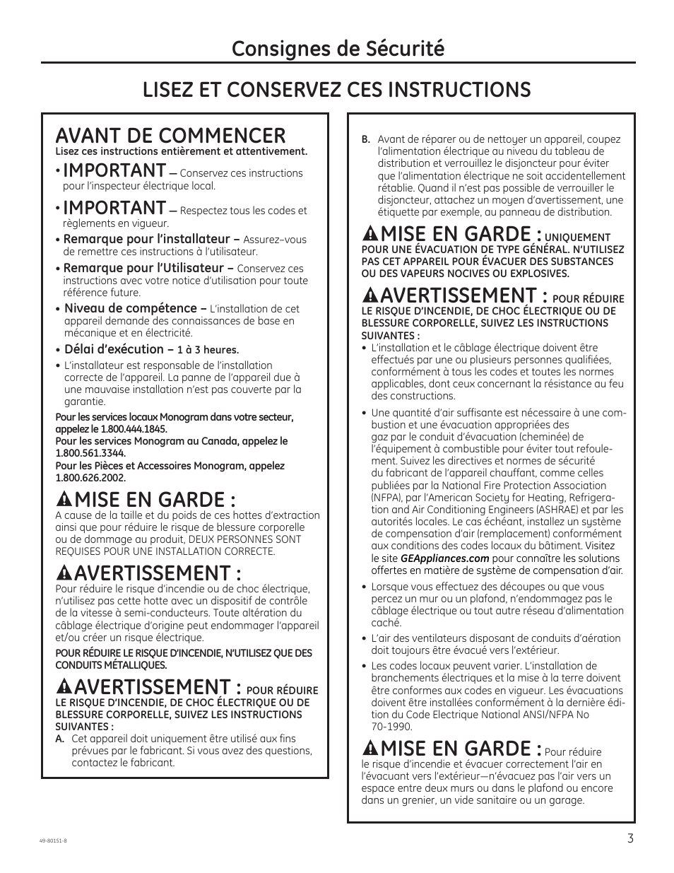Consignes de sécurité avant de commencer, Mise en garde, Avertissement | Lisez et conservez ces instructions, Important | GE ZV48SSFSS User Manual | Page 3 / 16