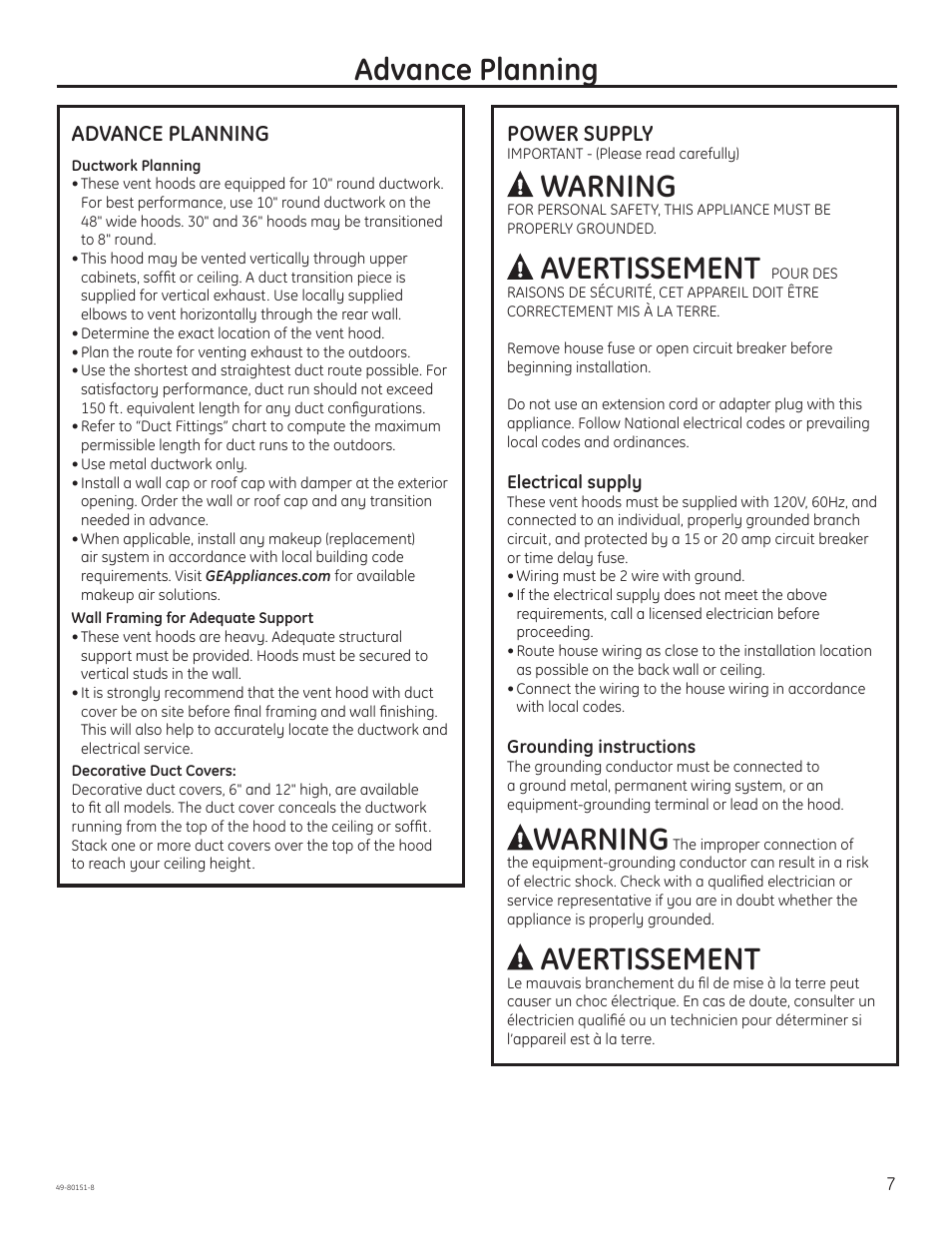 Advance planning, Warning, Avertissement | Power supply | GE ZV48SSFSS User Manual | Page 7 / 16