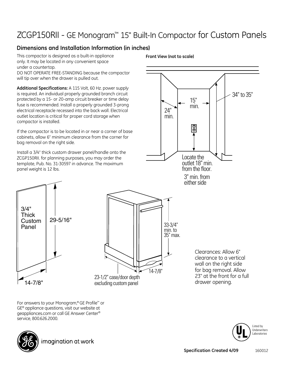 GE ZCGP150RII User Manual | 2 pages