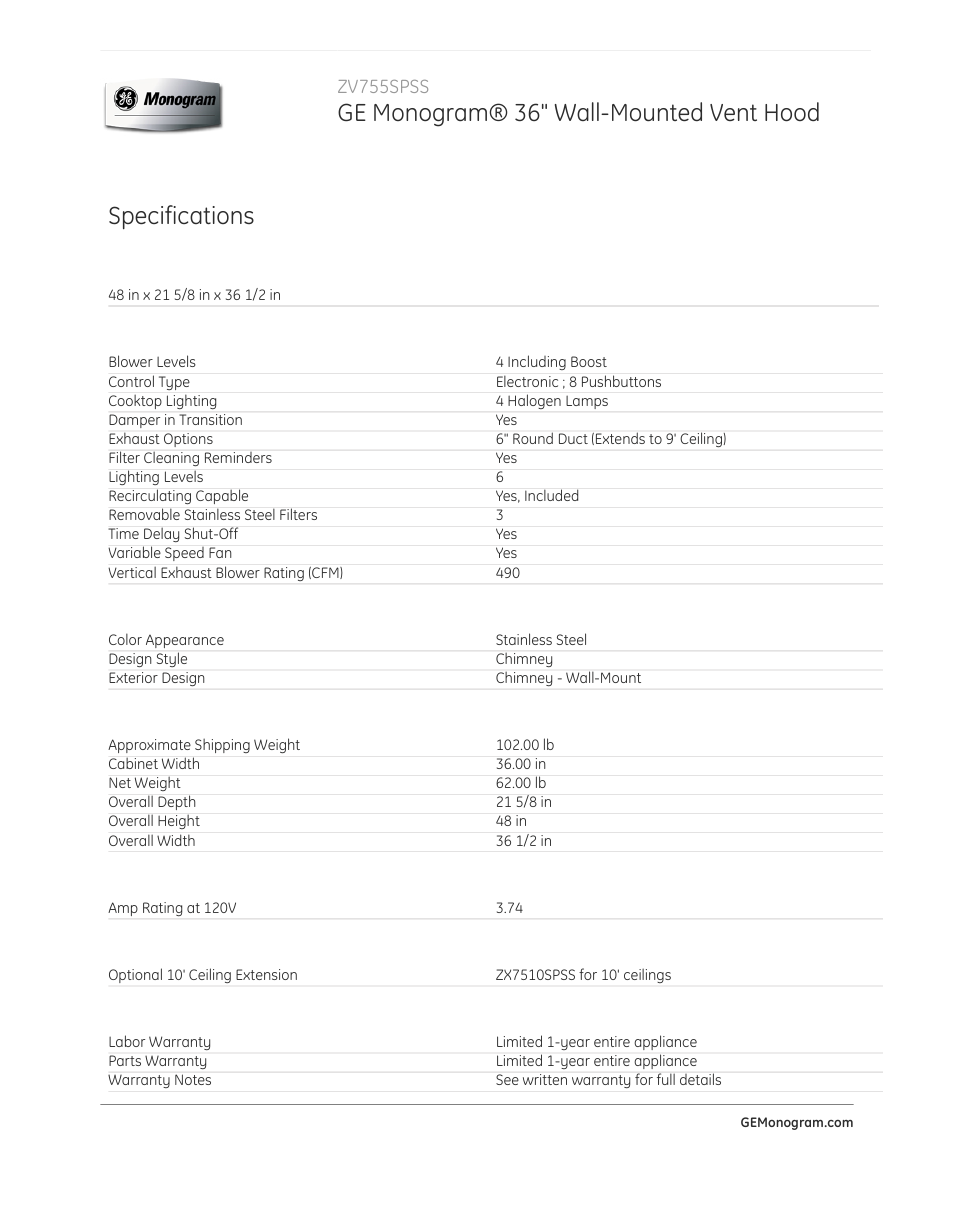 Ge monogram® 36" wall-mounted vent hood, Specifications, Zv755spss | GE ZV755SPSS User Manual | Page 2 / 2