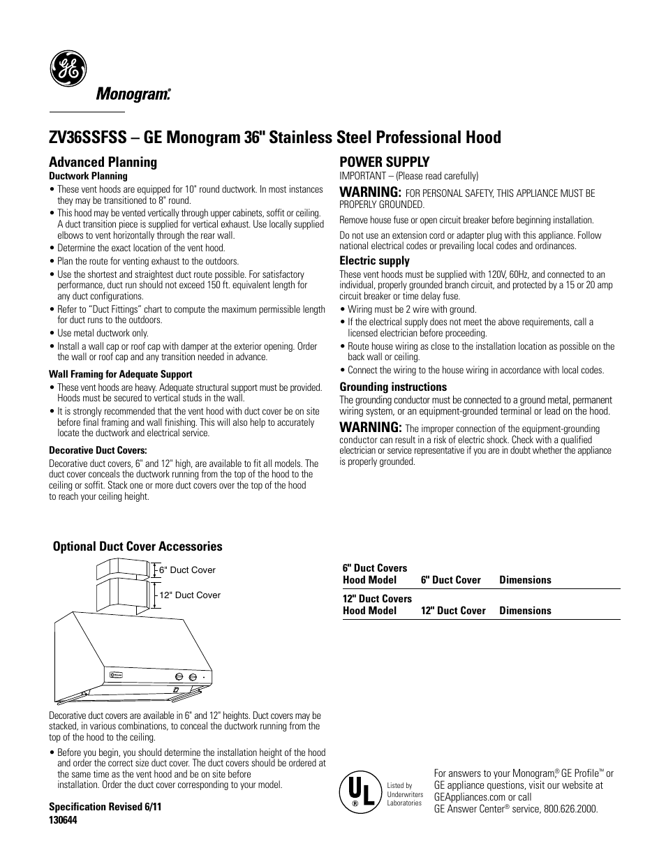 Advanced planning, Power supply, Warning | GE ZV36SSFSS User Manual | Page 2 / 4