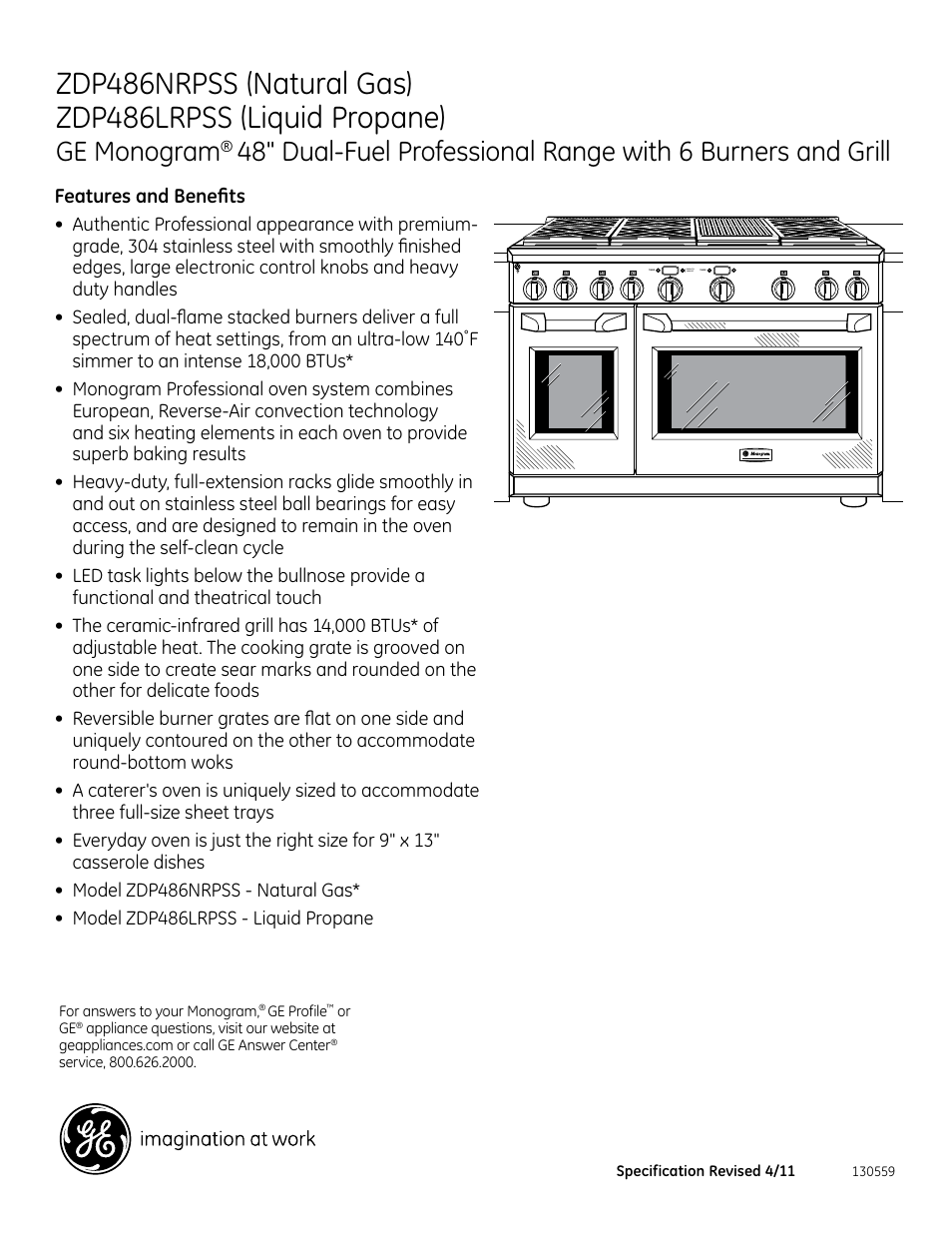 Ge monogram, Features and benefits, Zdp486nrpss | GE ZDP486NRPSS User Manual | Page 3 / 3