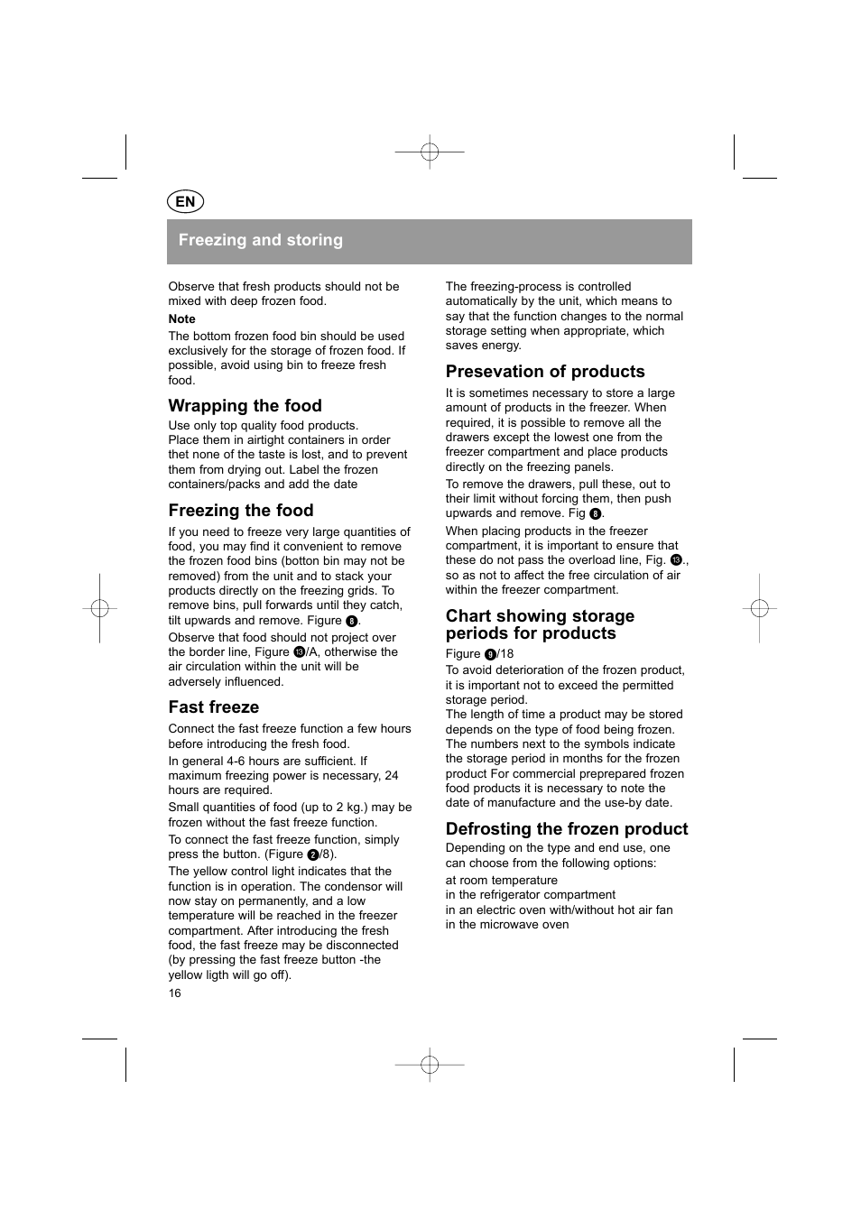 Wrapping the food, Freezing the food, Fast freeze | Presevation of products, Chart showing storage periods for products, Defrosting the frozen product | Bosch KGS37340 User Manual | Page 18 / 76