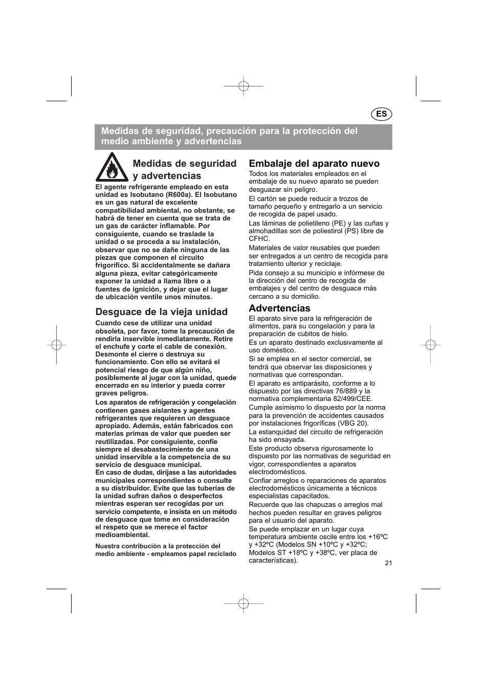 Medidas de seguridad y advertencias, Desguace de la vieja unidad, Embalaje del aparato nuevo | Advertencias | Bosch KGS37340 User Manual | Page 23 / 76