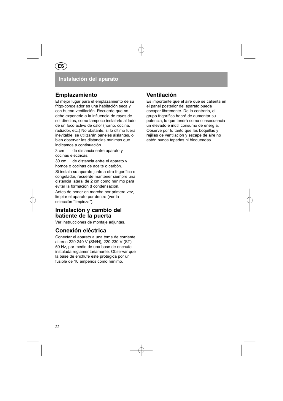 Emplazamiento, Instalación y cambio del batiente de la puerta, Conexión eléctrica | Ventilación | Bosch KGS37340 User Manual | Page 24 / 76