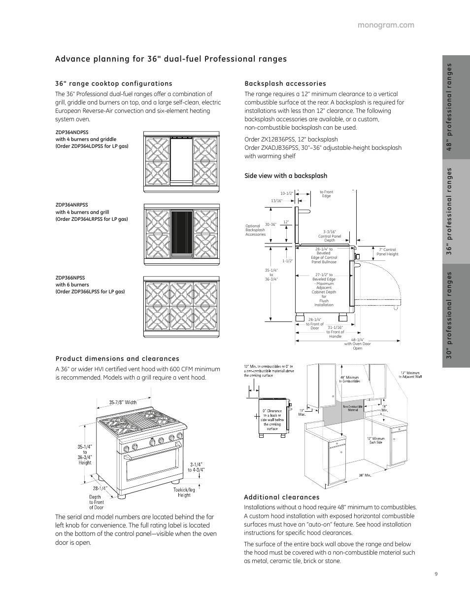 30" pr ofessional ranges, 36" range cooktop configurations, Product dimensions and clearances | Backsplash accessories, Side view with a backsplash, 36" pr ofessional ranges 48" pr ofessional ranges | GE ZDP364NRPSS User Manual | Page 2 / 2