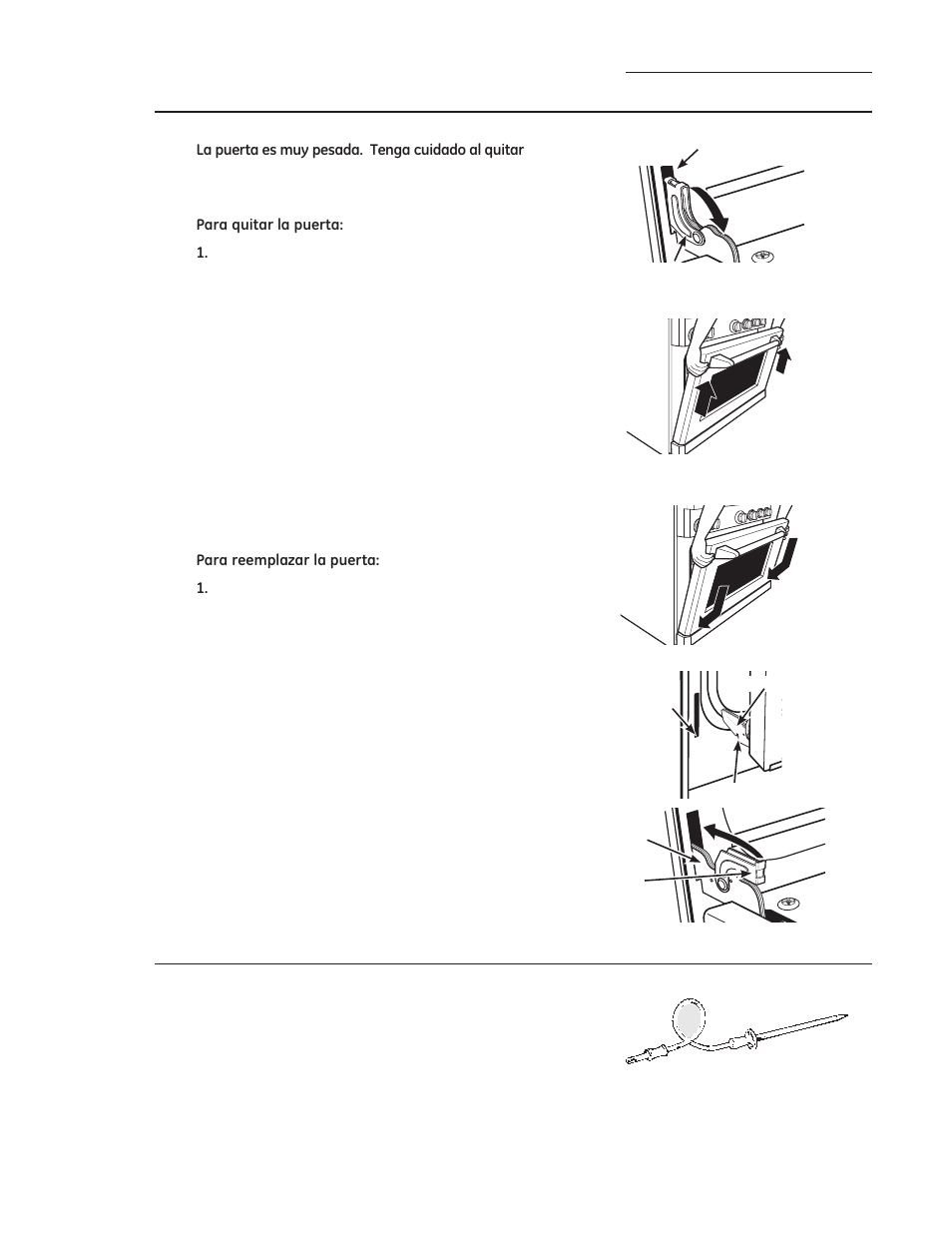 Cuidado y limpieza, Puerta del horno desmontable, Sonda | GE ZDP486NDPSS User Manual | Page 116 / 128