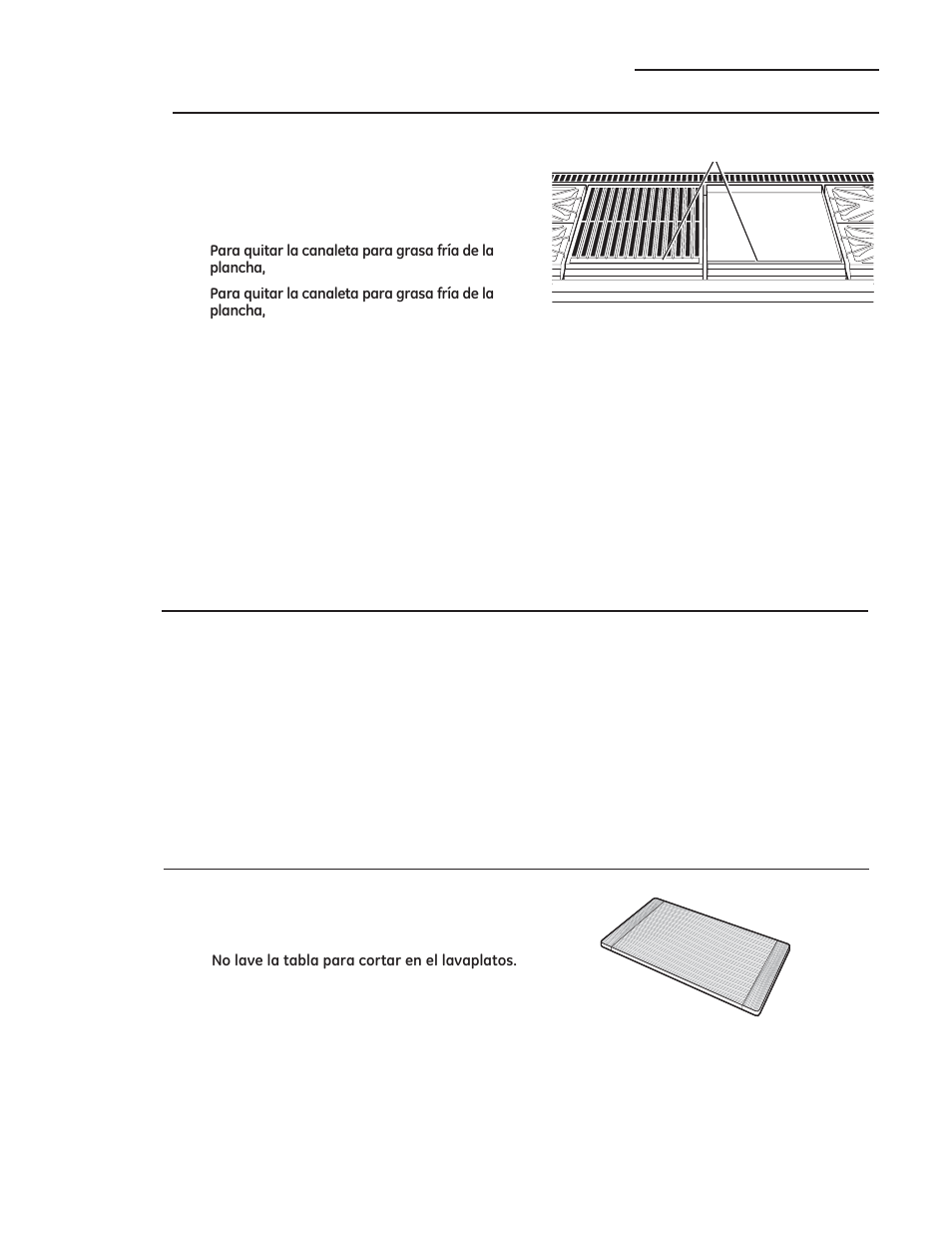 Canaletas para grasa, Cuidado y limpieza, Plancha | Tabla para cortar | GE ZDP486NDPSS User Manual | Page 121 / 128