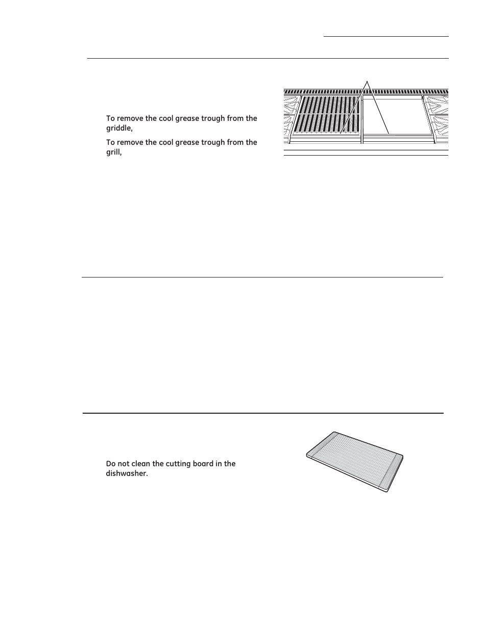 Grease troughs, Care and cleaning, Griddle | Cutting board | GE ZDP486NDPSS User Manual | Page 36 / 128