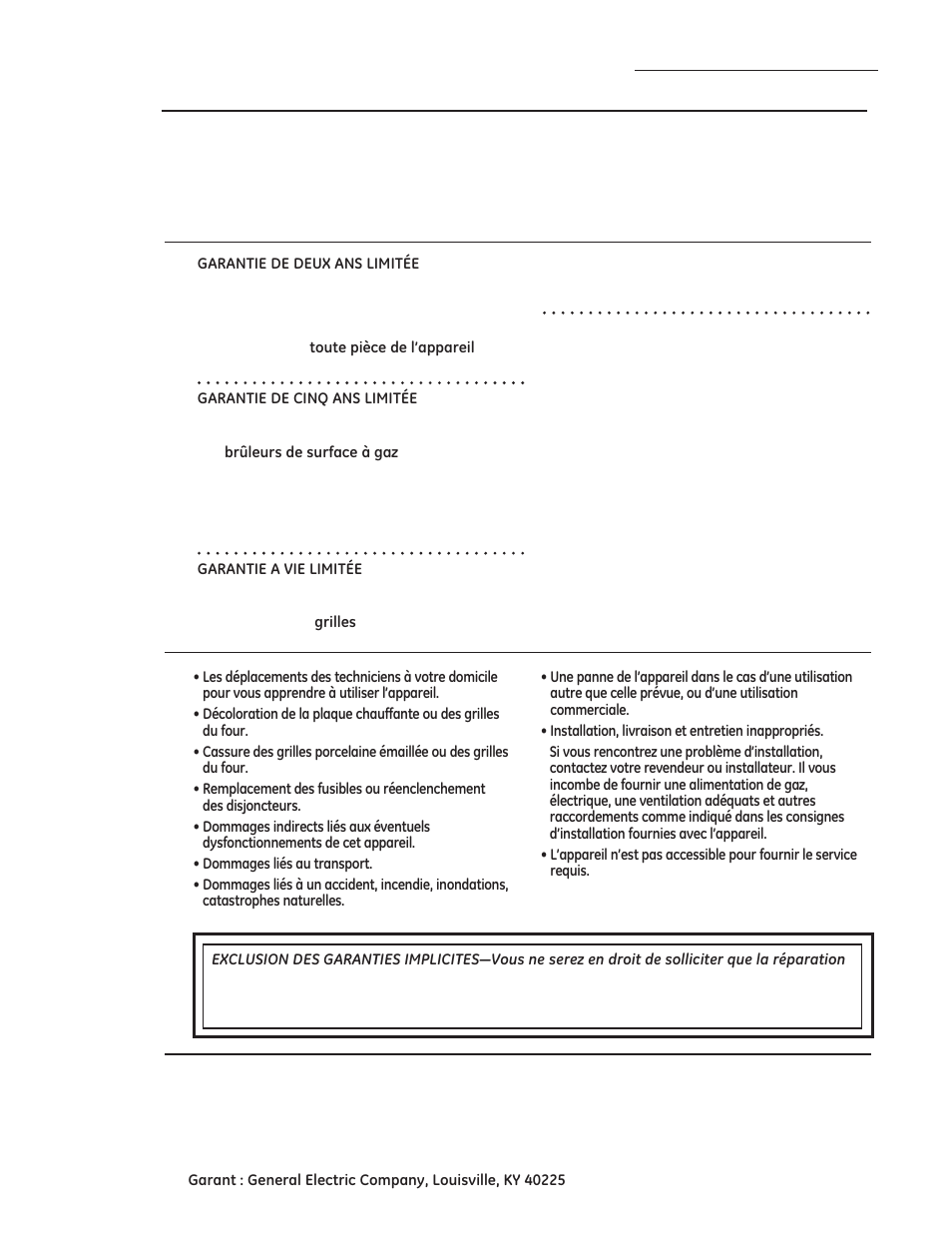 Garantie, Couvert par la garantie, Non couvert par la garantie | GE ZDP486NDPSS User Manual | Page 86 / 128