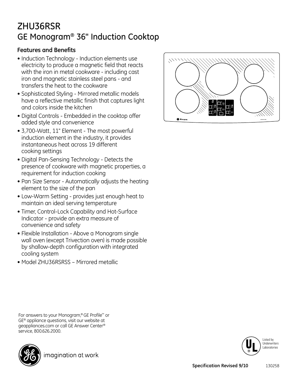 Zhu36rsr, Ge monogram, 36" induction cooktop | GE ZHU36RSRSS User Manual | Page 2 / 2