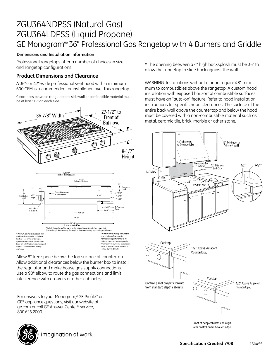 GE ZGU364NDPSS User Manual | 3 pages