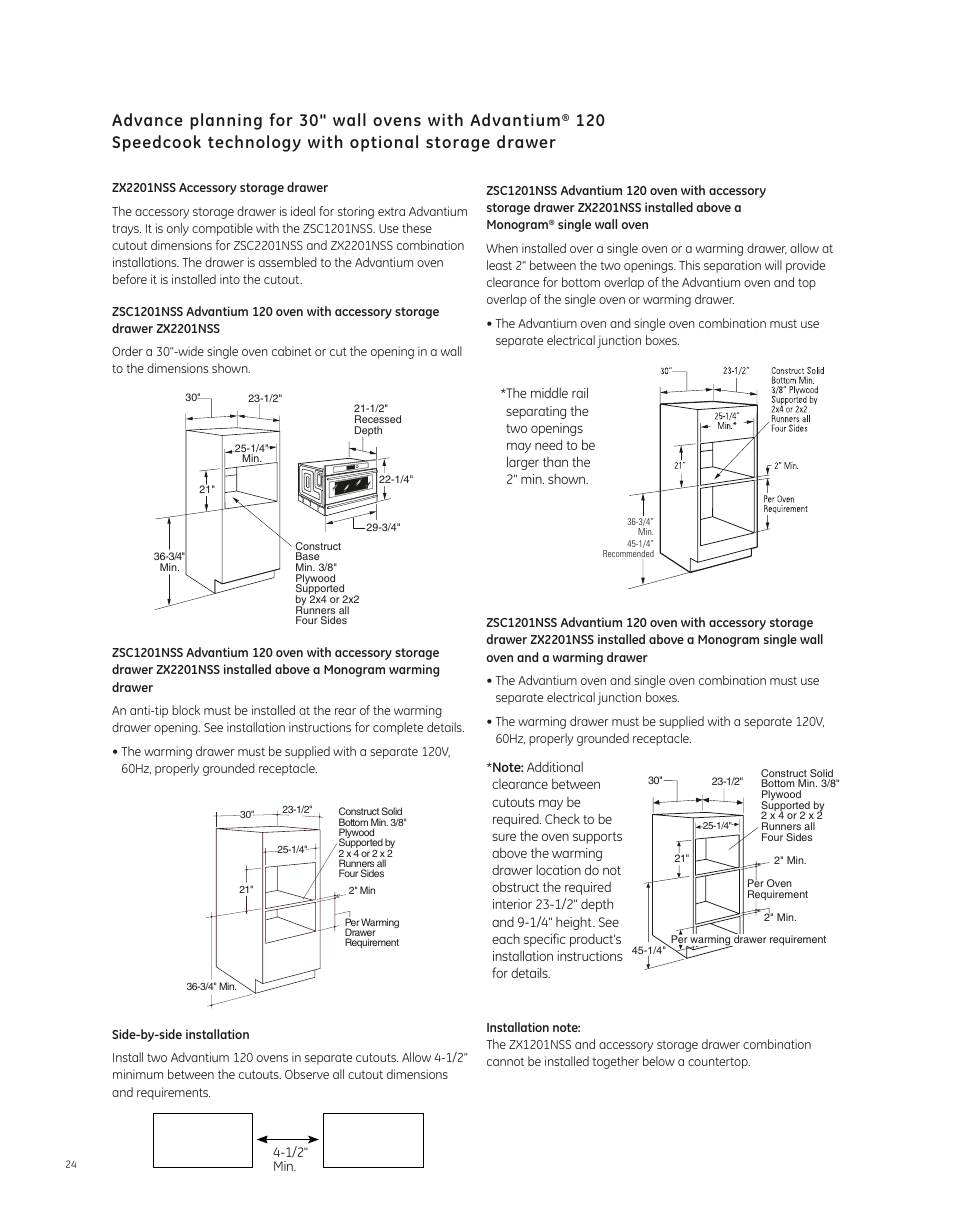 Advance planning for 30" wall ovens with advantium | GE ZSC1202NSS User Manual | Page 3 / 4