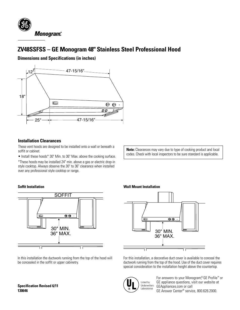 GE ZV48SSFSS User Manual | 4 pages