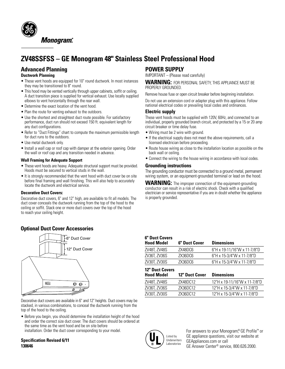 Advanced planning, Power supply, Warning | GE ZV48SSFSS User Manual | Page 2 / 4