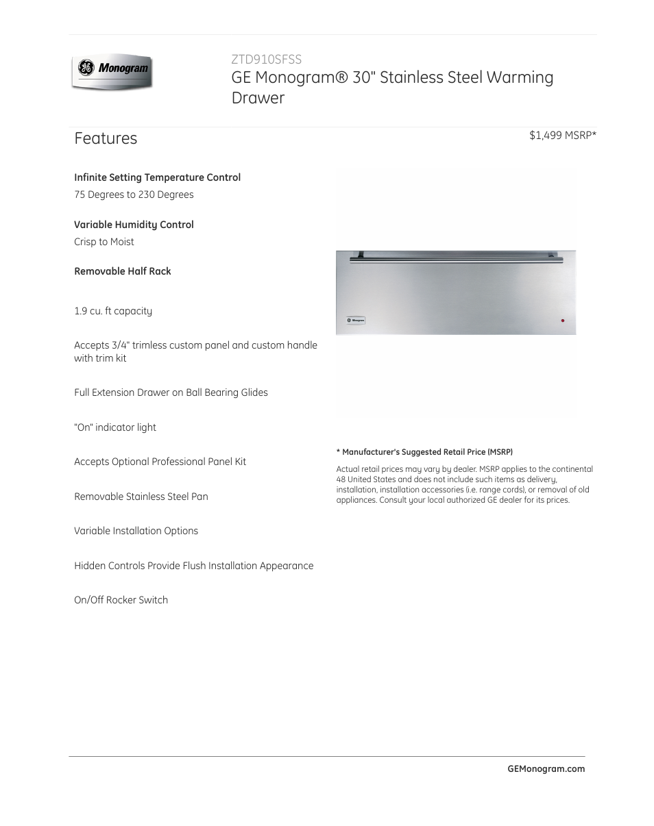 GE ZTD910SFSS User Manual | 3 pages