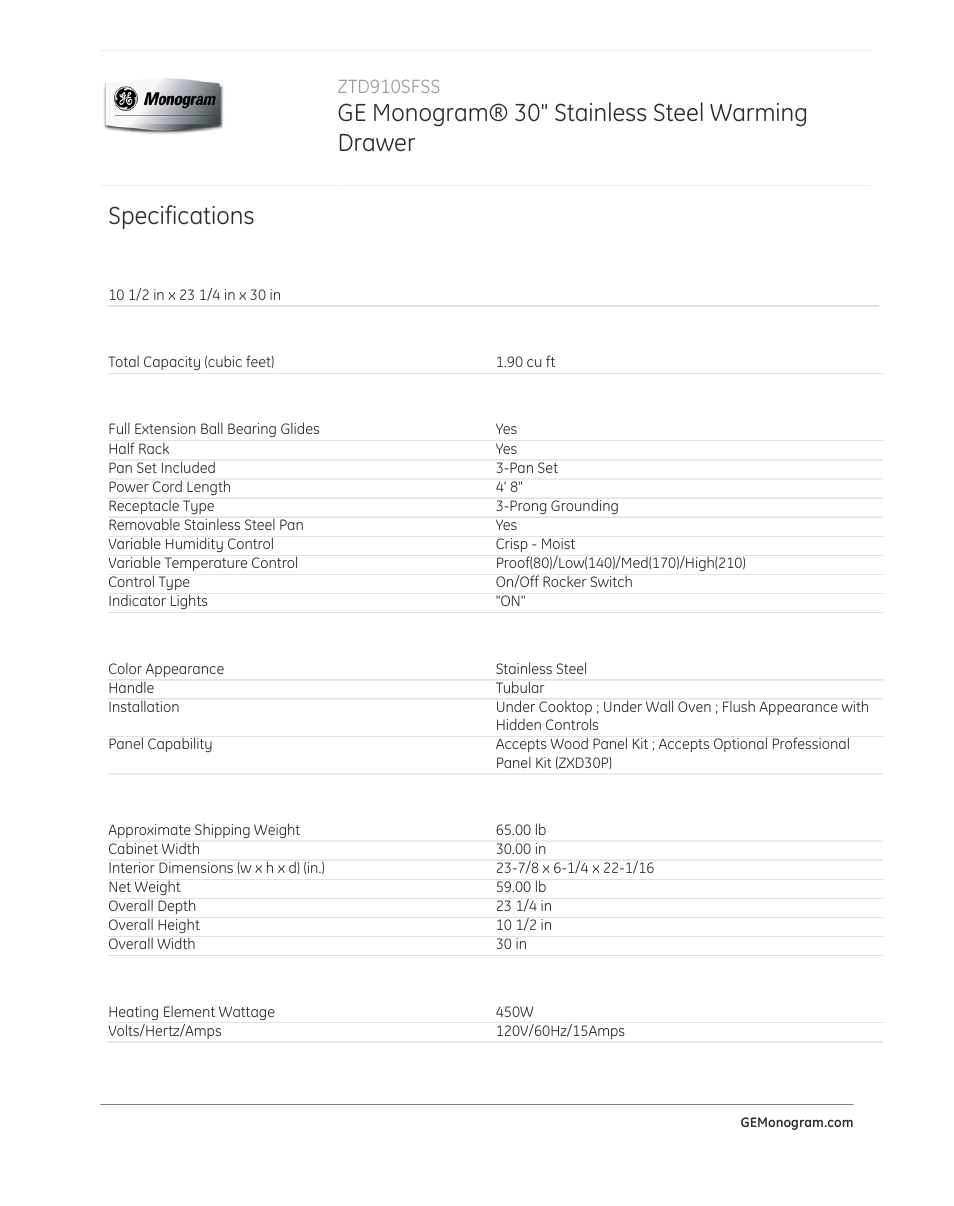 Ge monogram® 30" stainless steel warming drawer, Specifications | GE ZTD910SFSS User Manual | Page 2 / 3