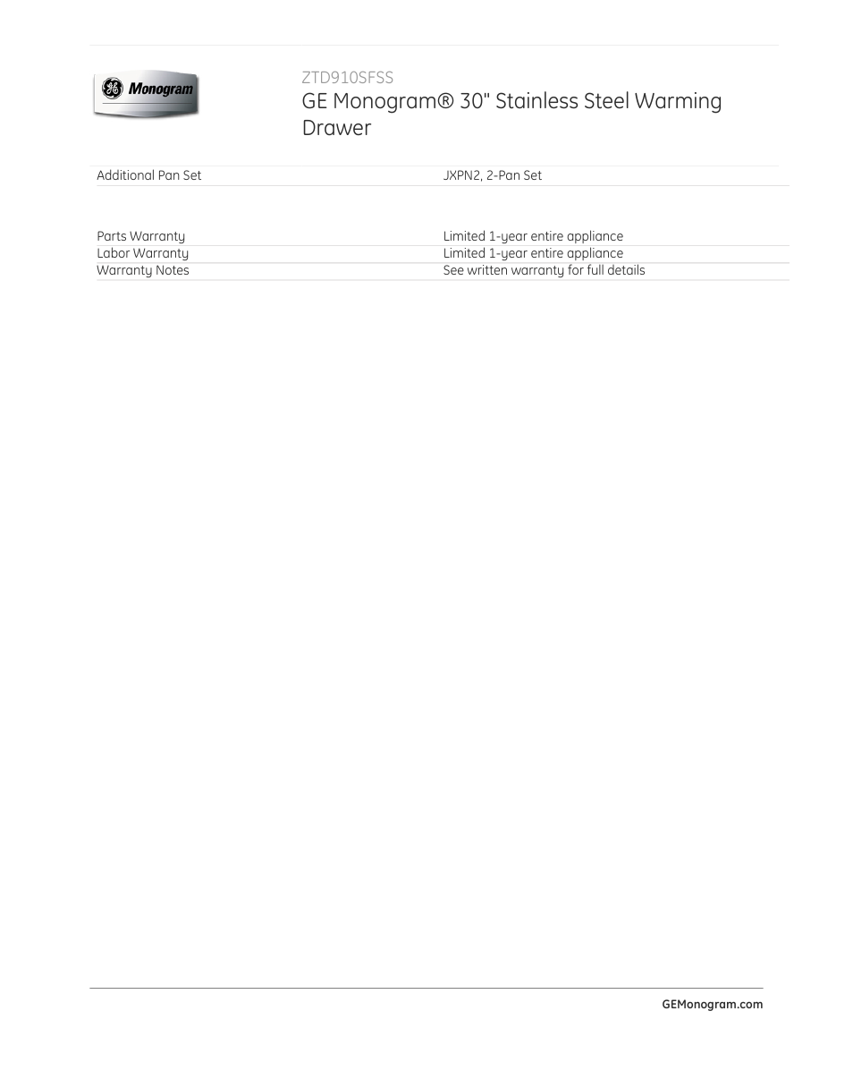 Ge monogram® 30" stainless steel warming drawer | GE ZTD910SFSS User Manual | Page 3 / 3