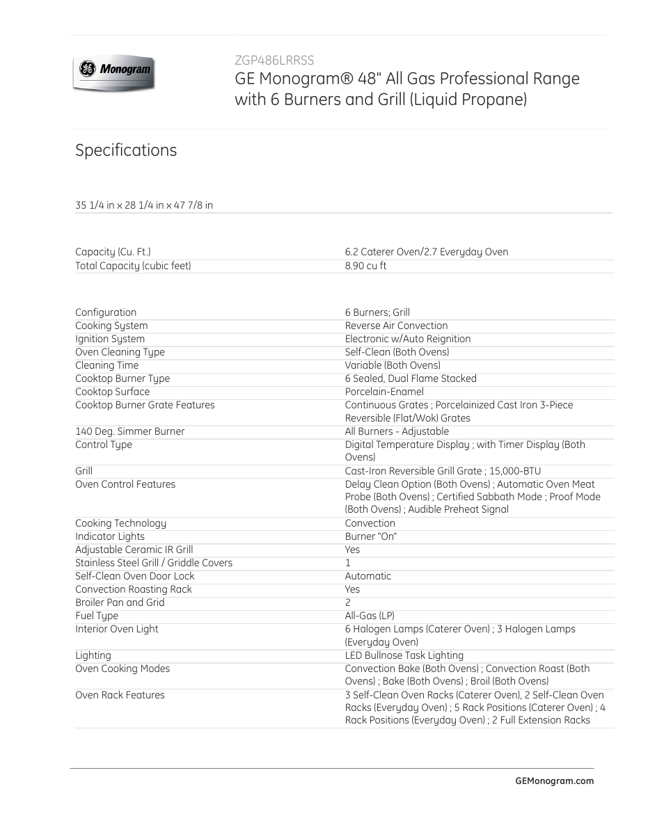 Specifications, Zgp486lrrss | GE ZGP486LRRSS User Manual | Page 3 / 4