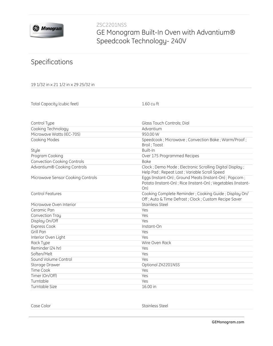 Specifications, Zsc2201nss | GE ZSC2201NSS User Manual | Page 3 / 4