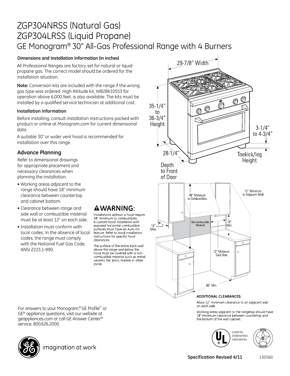 GE ZGP304LRSS User Manual | 3 pages