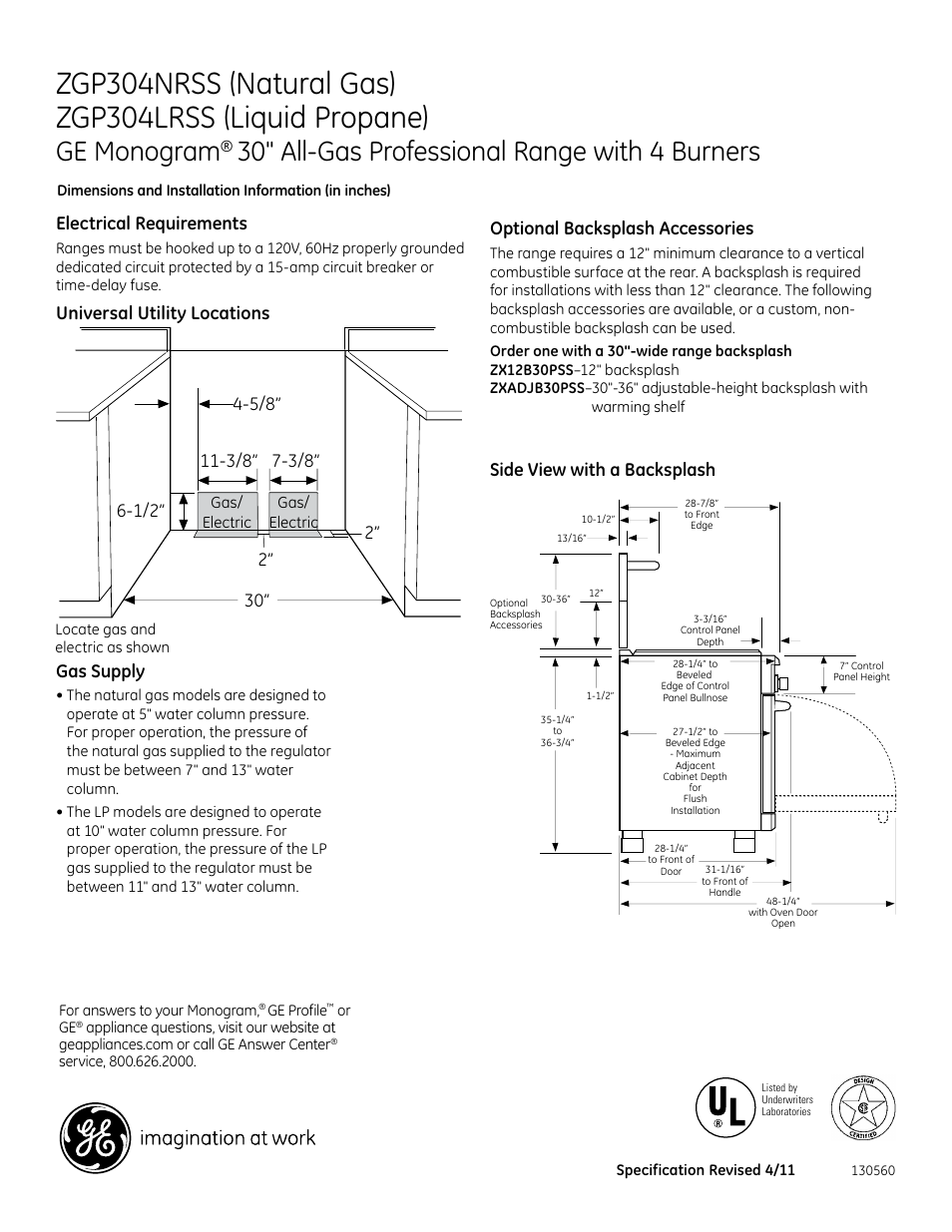 Ge monogram, 30" all-gas professional range with 4 burners, Optional backsplash accessories | Gas supply, Universal utility locations | GE ZGP304LRSS User Manual | Page 2 / 3