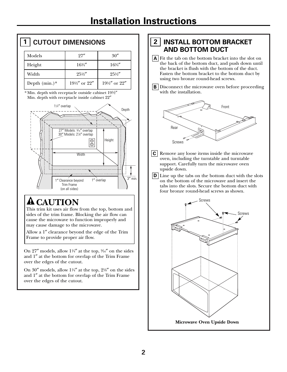 Installation instructions, Caution, 2cutout dimensions | Install bottom bracket and bottom duct 2 | GE ZE2160SF User Manual | Page 2 / 4
