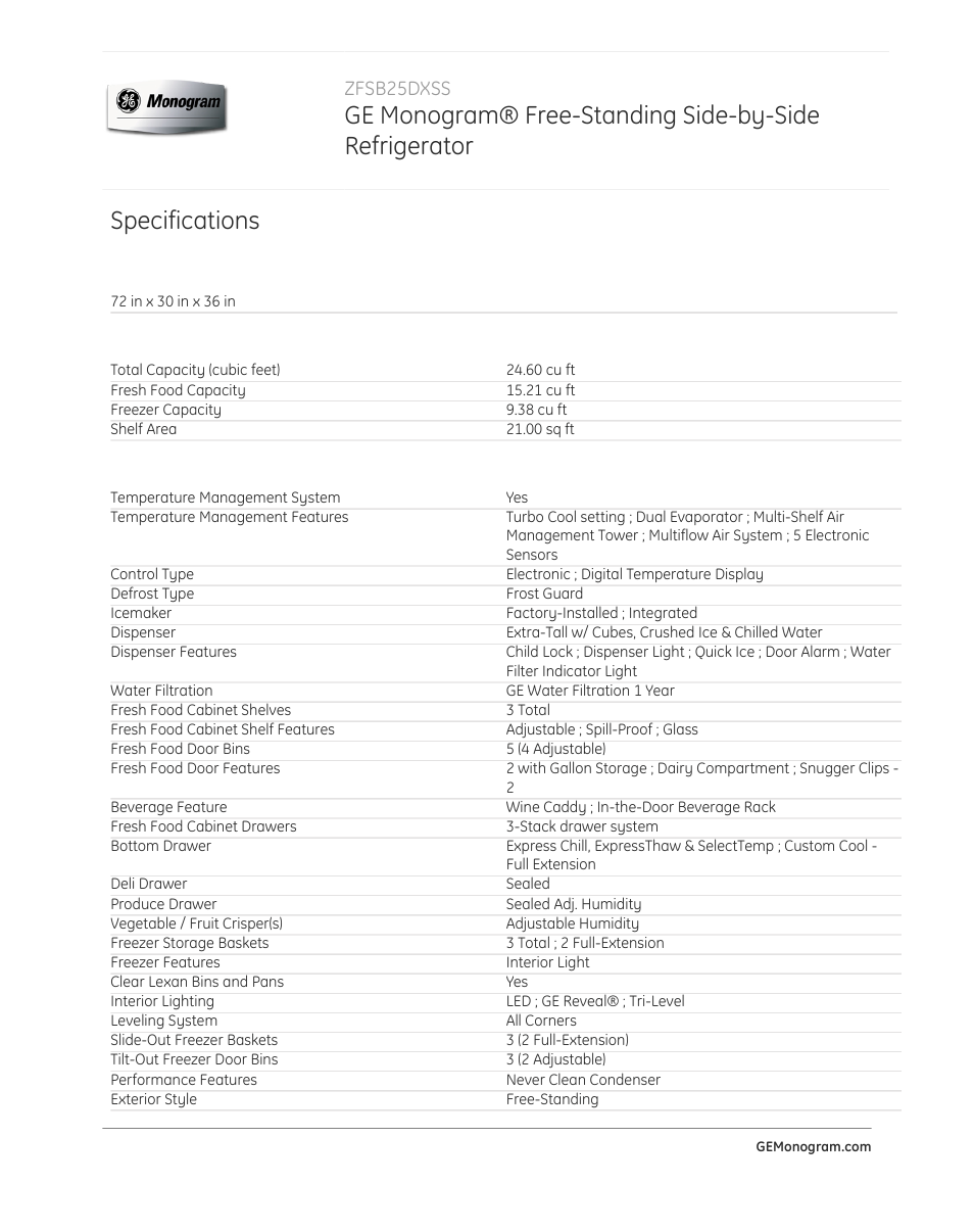 Specifications, Zfsb25dxss | GE ZFSB25DXSS User Manual | Page 3 / 4