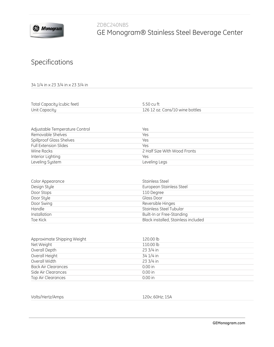 Ge monogram® stainless steel beverage center, Specifications, Zdbc240nbs | GE ZDBC240NBS User Manual | Page 2 / 3