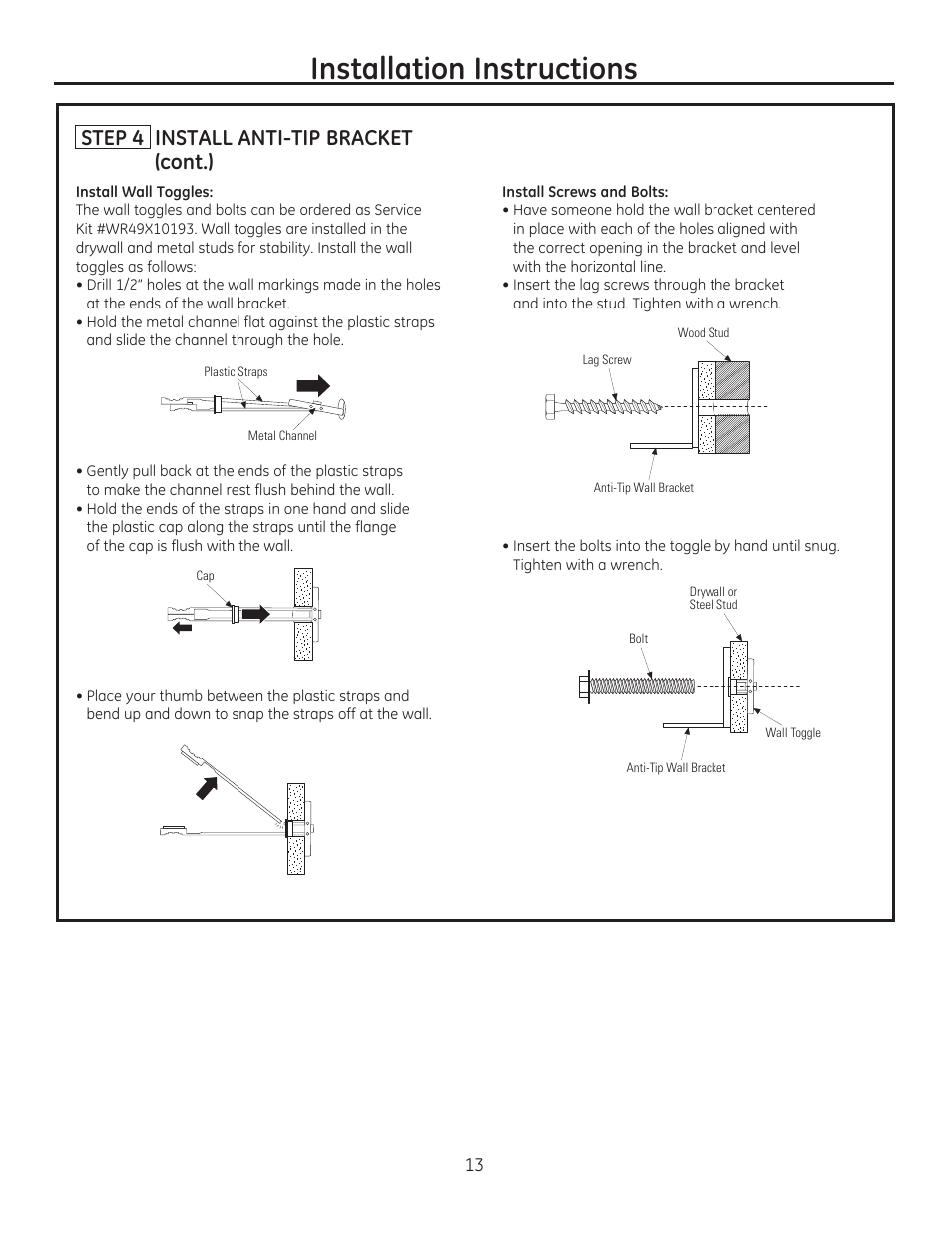 Installation instructions, Step 4 install anti-tip bracket (cont.) | GE ZIRP360NXLH User Manual | Page 13 / 24