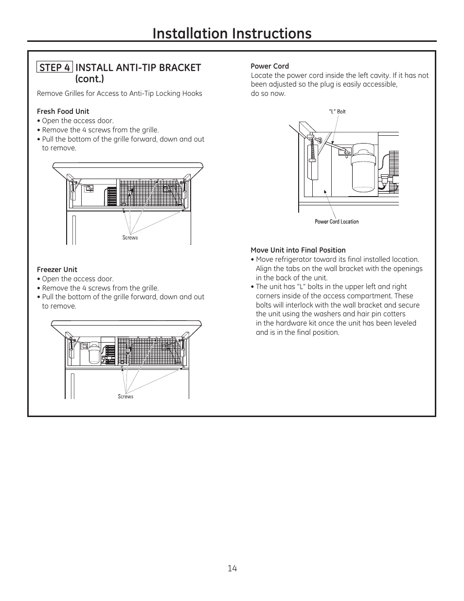 Installation instructions, Step 4 install anti-tip bracket (cont.) | GE ZIRP360NXLH User Manual | Page 14 / 24