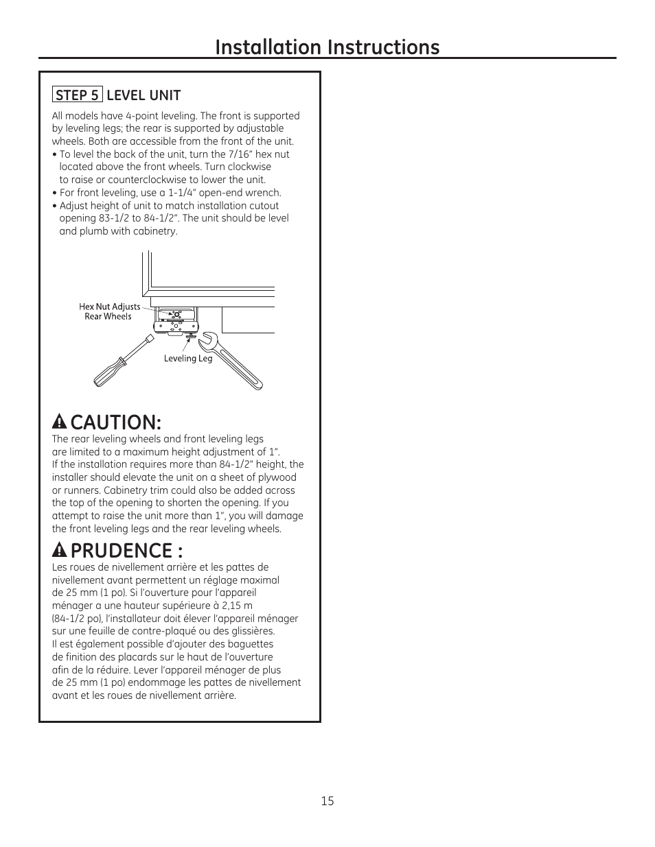 Installation instructions, Caution, Prudence | GE ZIRP360NXLH User Manual | Page 15 / 24