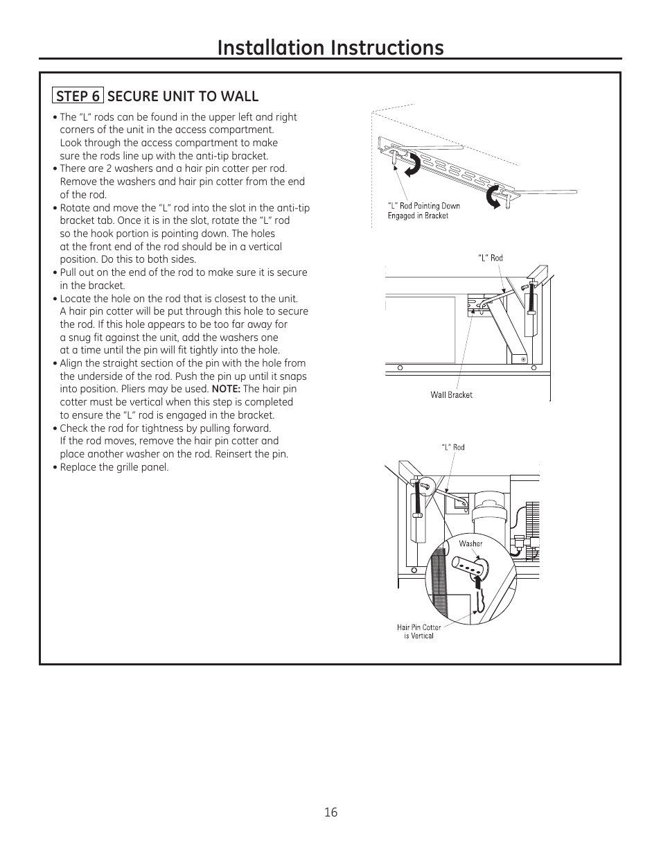 Installation instructions, Step 6 secure unit to wall | GE ZIRP360NXLH User Manual | Page 16 / 24