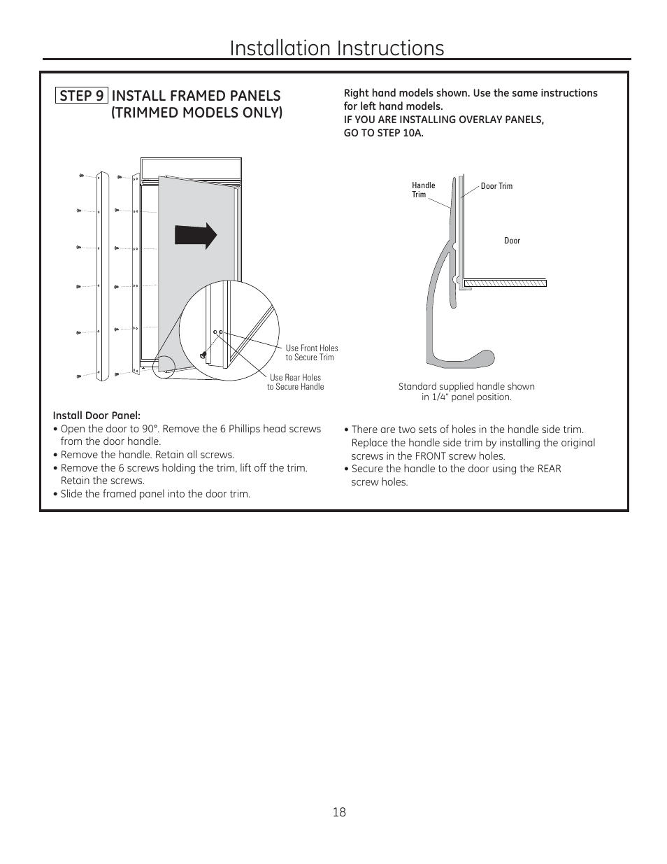 Installation instructions, Step 9 install framed panels (trimmed models only) | GE ZIRP360NXLH User Manual | Page 18 / 24