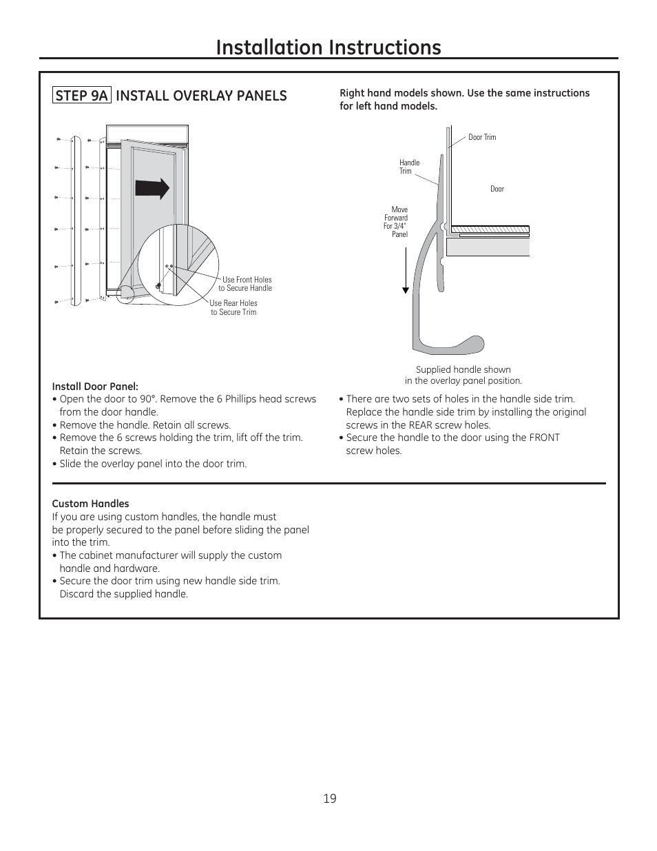Installation instructions, Step 9a install overlay panels | GE ZIRP360NXLH User Manual | Page 19 / 24