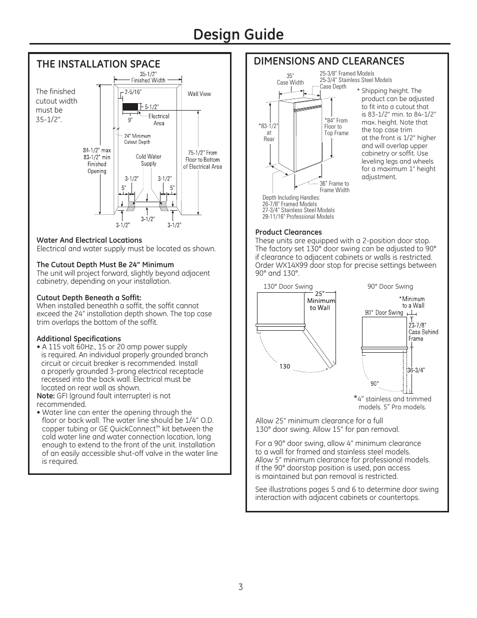 Design guide, The installation space, Dimensions and clearances | GE ZIRP360NXLH User Manual | Page 3 / 24