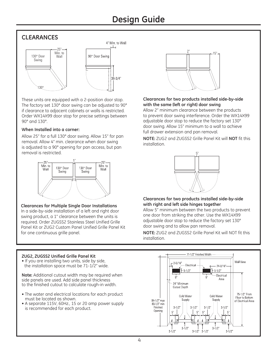 Design guide, Clearances | GE ZIRP360NXLH User Manual | Page 4 / 24