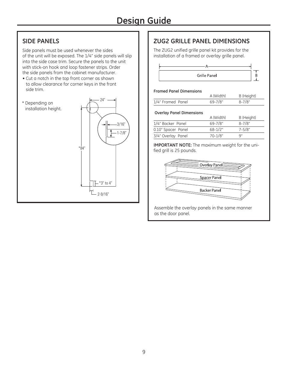 Design guide, Side panels, Zug2 grille panel dimensions | GE ZIRP360NXLH User Manual | Page 9 / 24