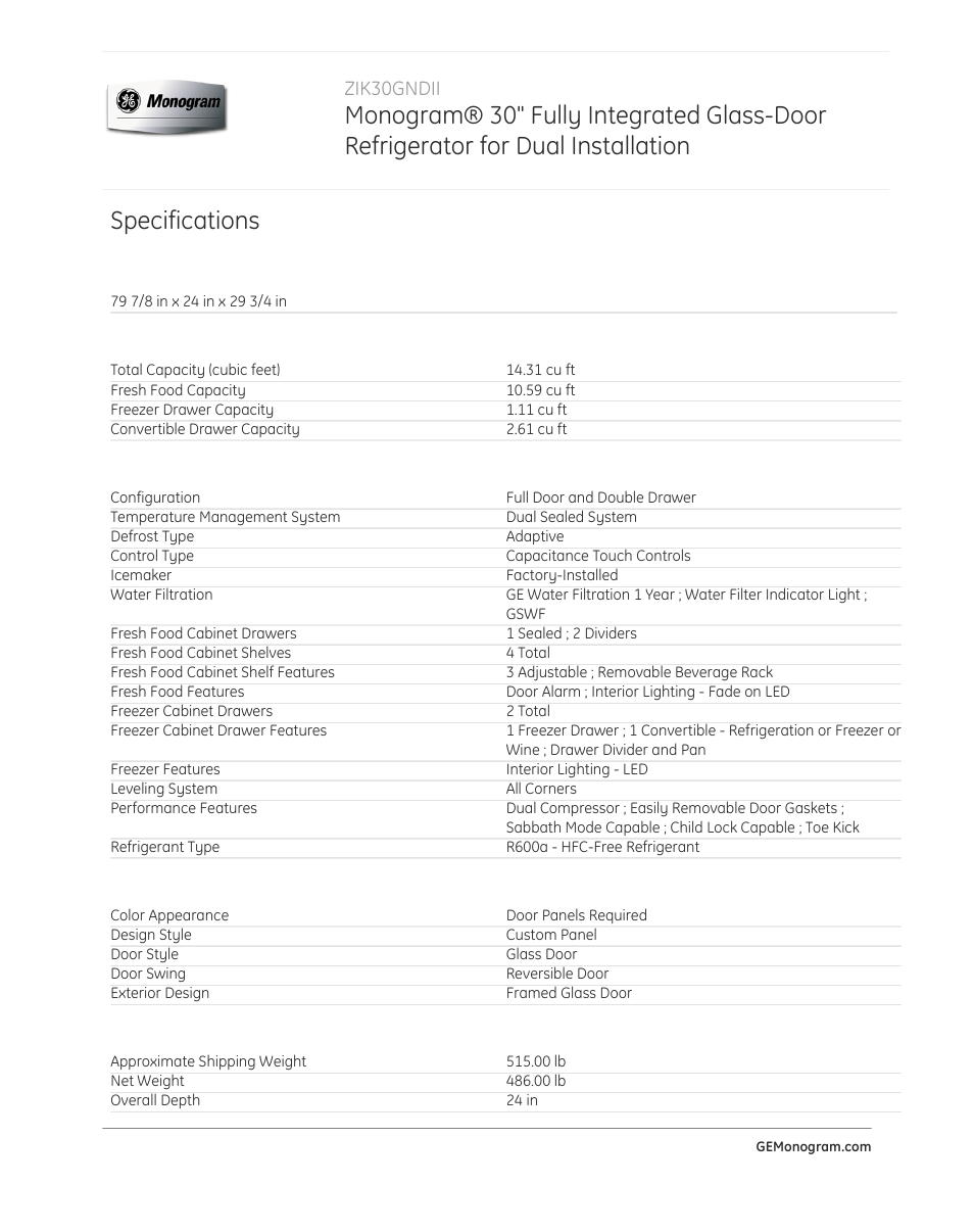 Specifications, Zik30gndii | GE ZIK30GNDII User Manual | Page 3 / 4