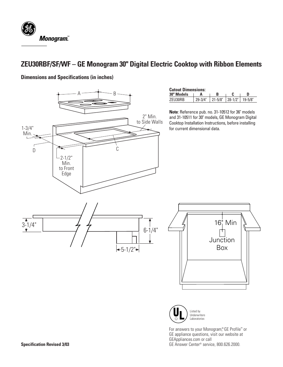 GE ZEU30RSFSS User Manual | 2 pages