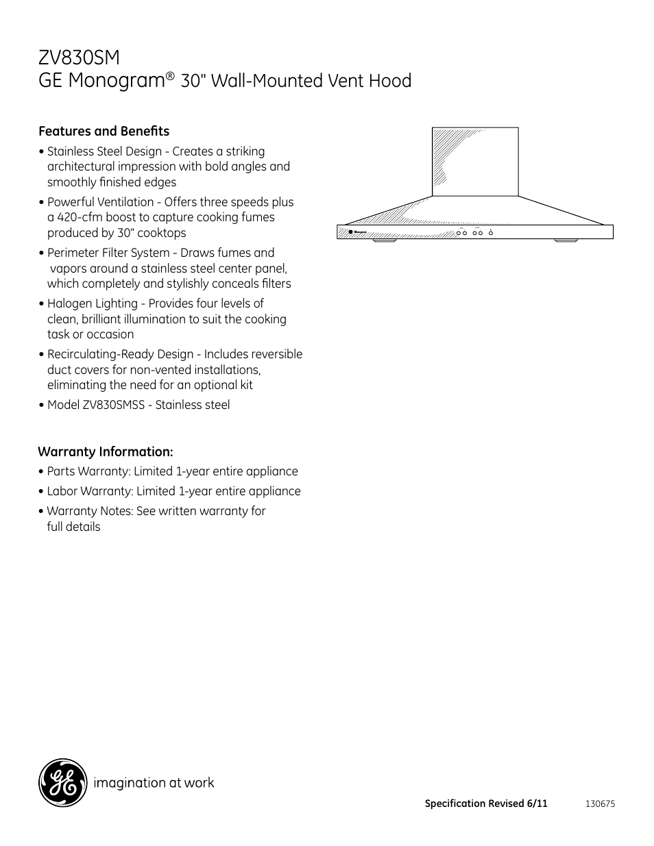 Zv830sm ge monogram, 30" wall-mounted vent hood | GE ZV830SMSS User Manual | Page 2 / 2