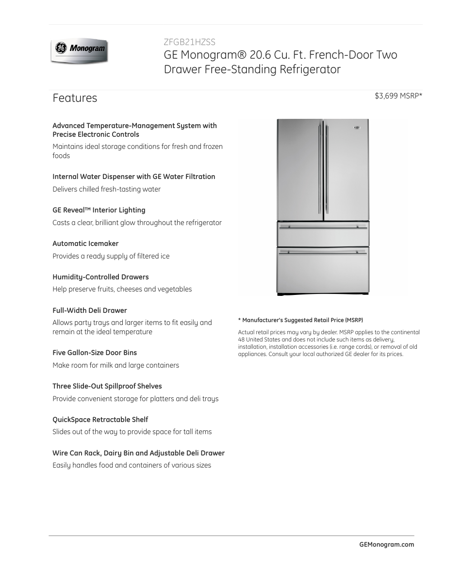 GE ZFGB21HZSS User Manual | 4 pages