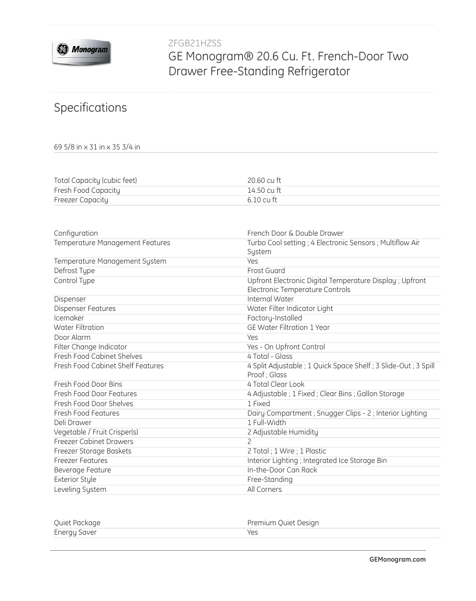 Specifications, Zfgb21hzss | GE ZFGB21HZSS User Manual | Page 3 / 4