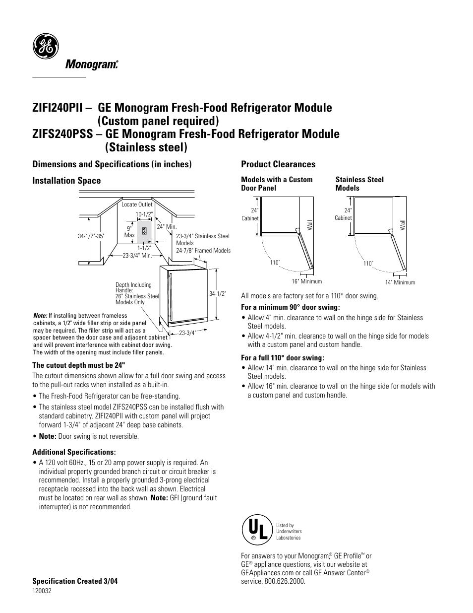 GE ZIFS240PSS User Manual | 3 pages