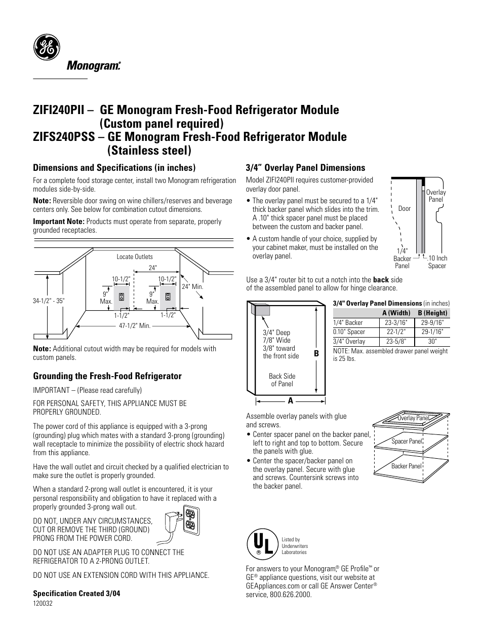 Dimensions and specifications (in inches), Grounding the fresh-food refrigerator, 3/4” overlay panel dimensions | GE ZIFS240PSS User Manual | Page 2 / 3