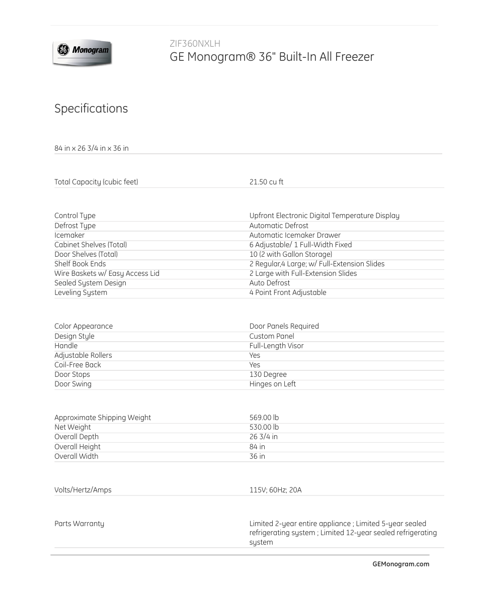 Ge monogram® 36" built-in all freezer, Specifications, Zif360nxlh | GE ZIF360NXLH User Manual | Page 2 / 3