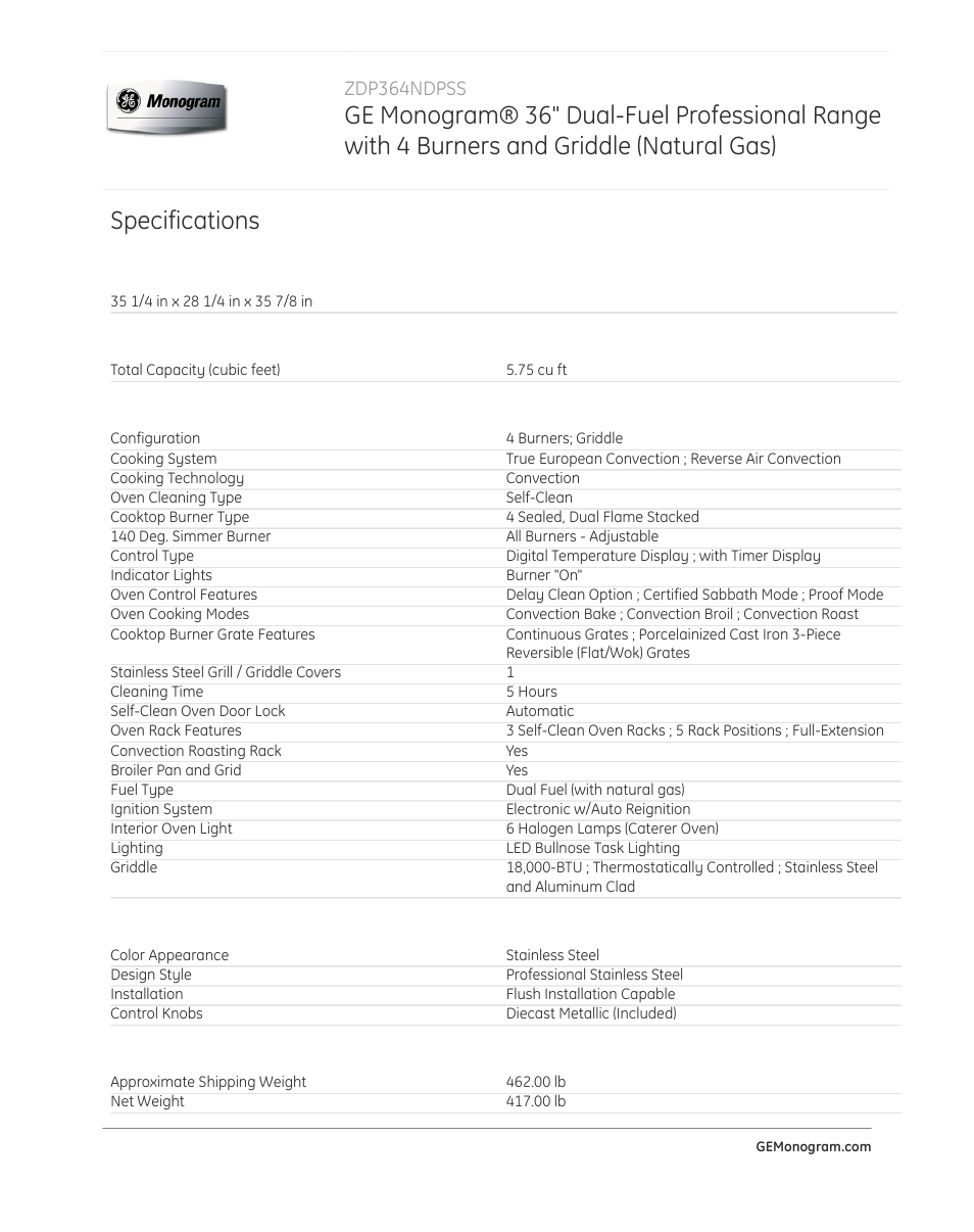 Specifications, Zdp364ndpss | GE ZDP364NDPSS User Manual | Page 3 / 4
