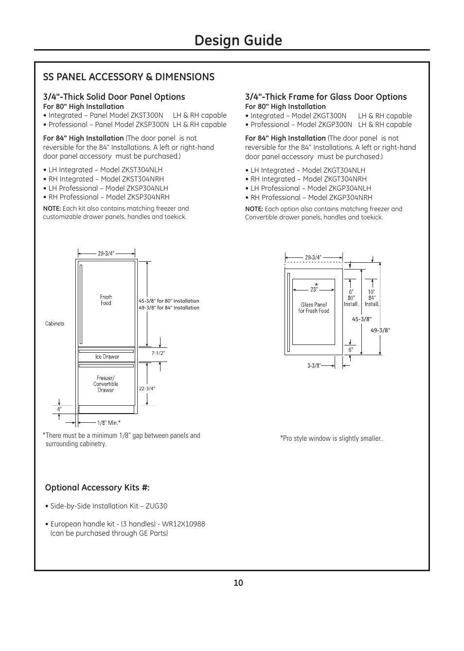 Design guide, Ss panel accessory & dimensions | GE ZIC30GNDII User Manual | Page 10 / 68