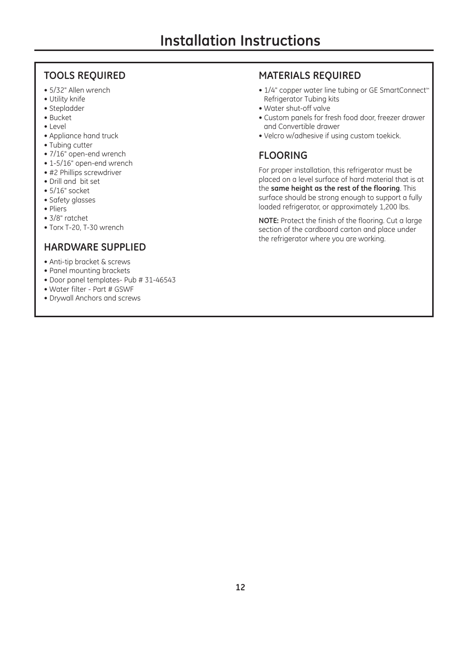 Installation instructions, Materials required, Flooring | Tools required, Hardware supplied | GE ZIC30GNDII User Manual | Page 12 / 68