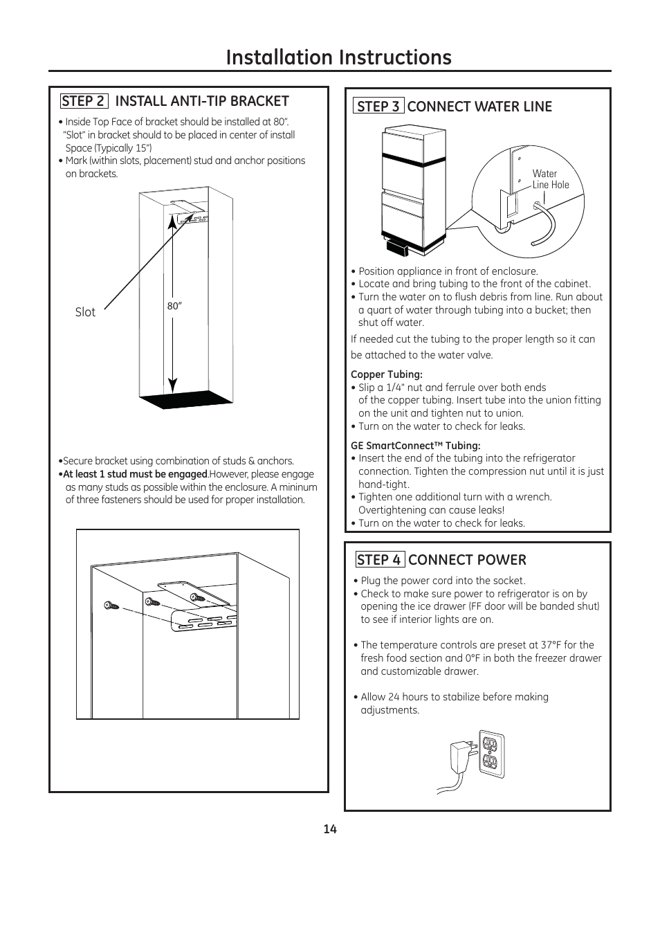 Installation instructions, Step 2 install anti-tip bracket, Step 4 connect power | Step 3 connect water line | GE ZIC30GNDII User Manual | Page 14 / 68